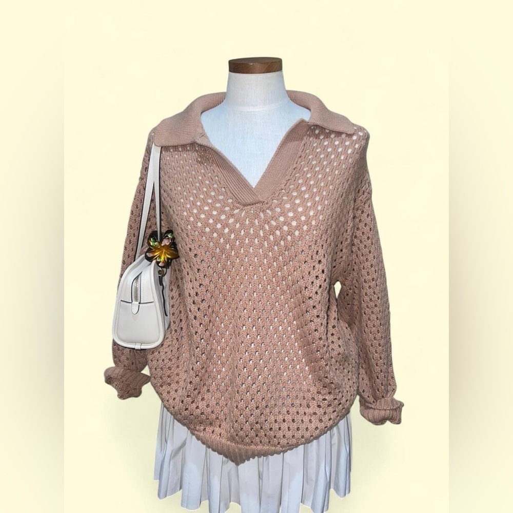 Aerie Open Knit Polo Sweater 100% Cotton Sz M in Tan